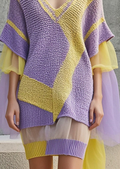 Chic Purple V Neck Patchwork Tulle Sweater Dress Fall