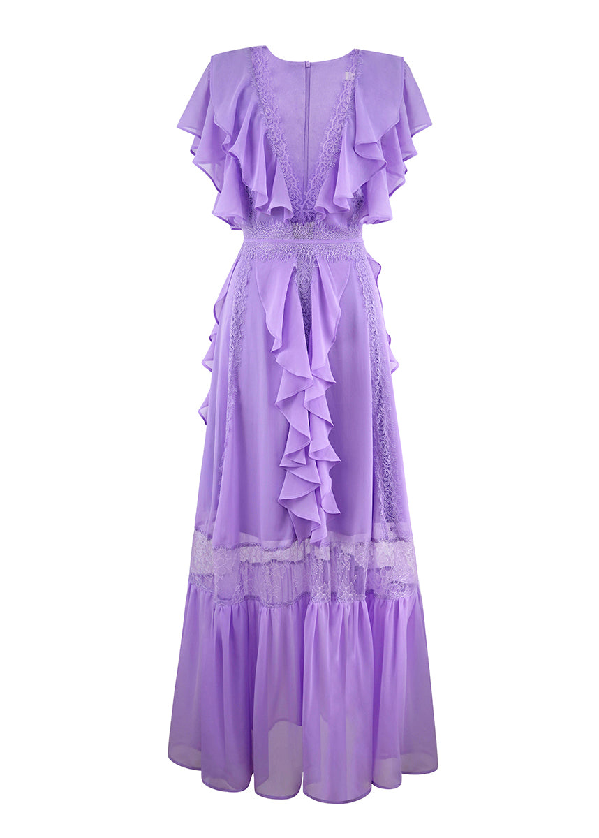 Chic Purple V Neck Ruffled Lace Patchwork Silk Ankle Dress Summer