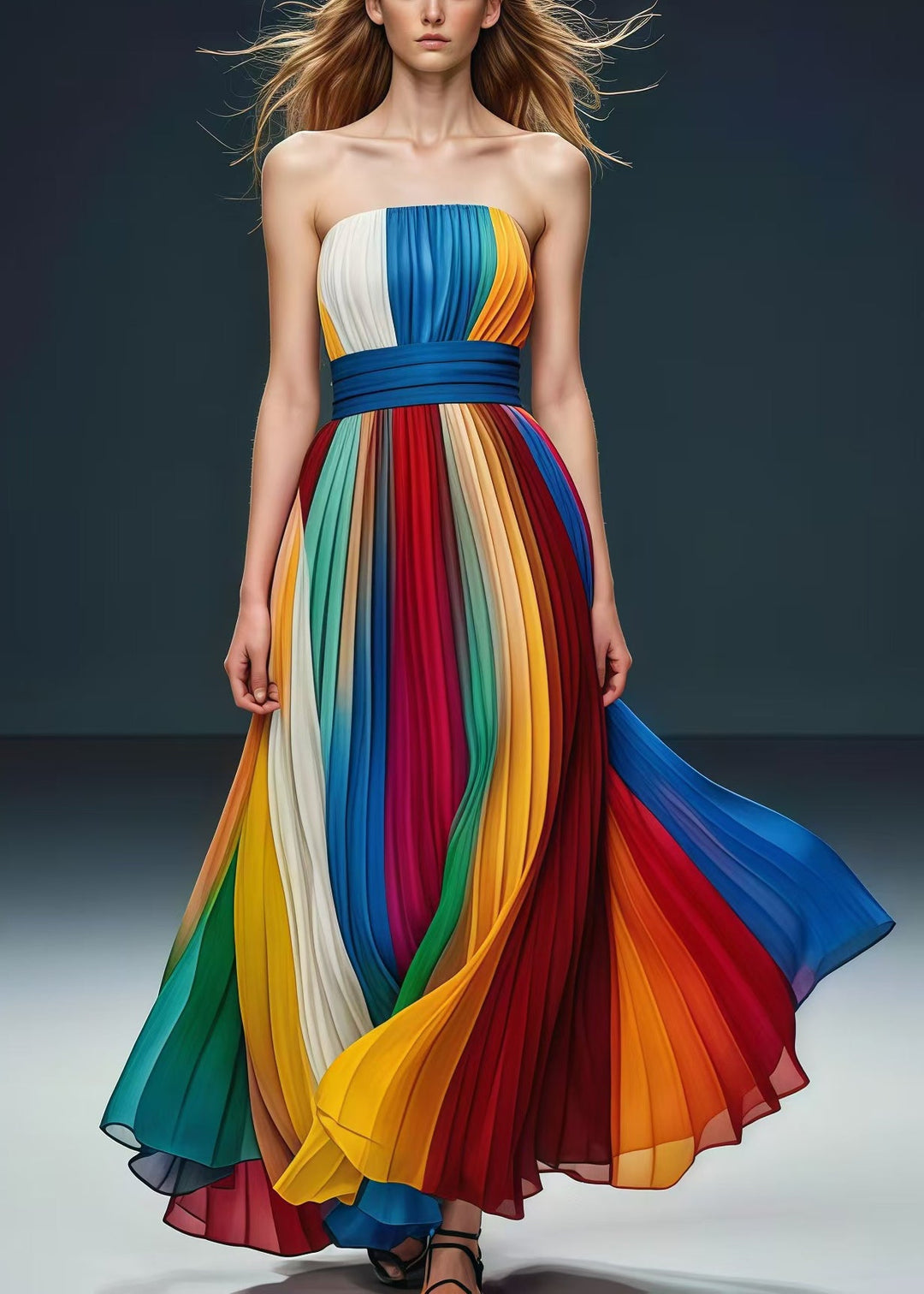 Chic Rainbow Cinched Exra Large Hem Chiffon Strapless Pleated Dress Summer