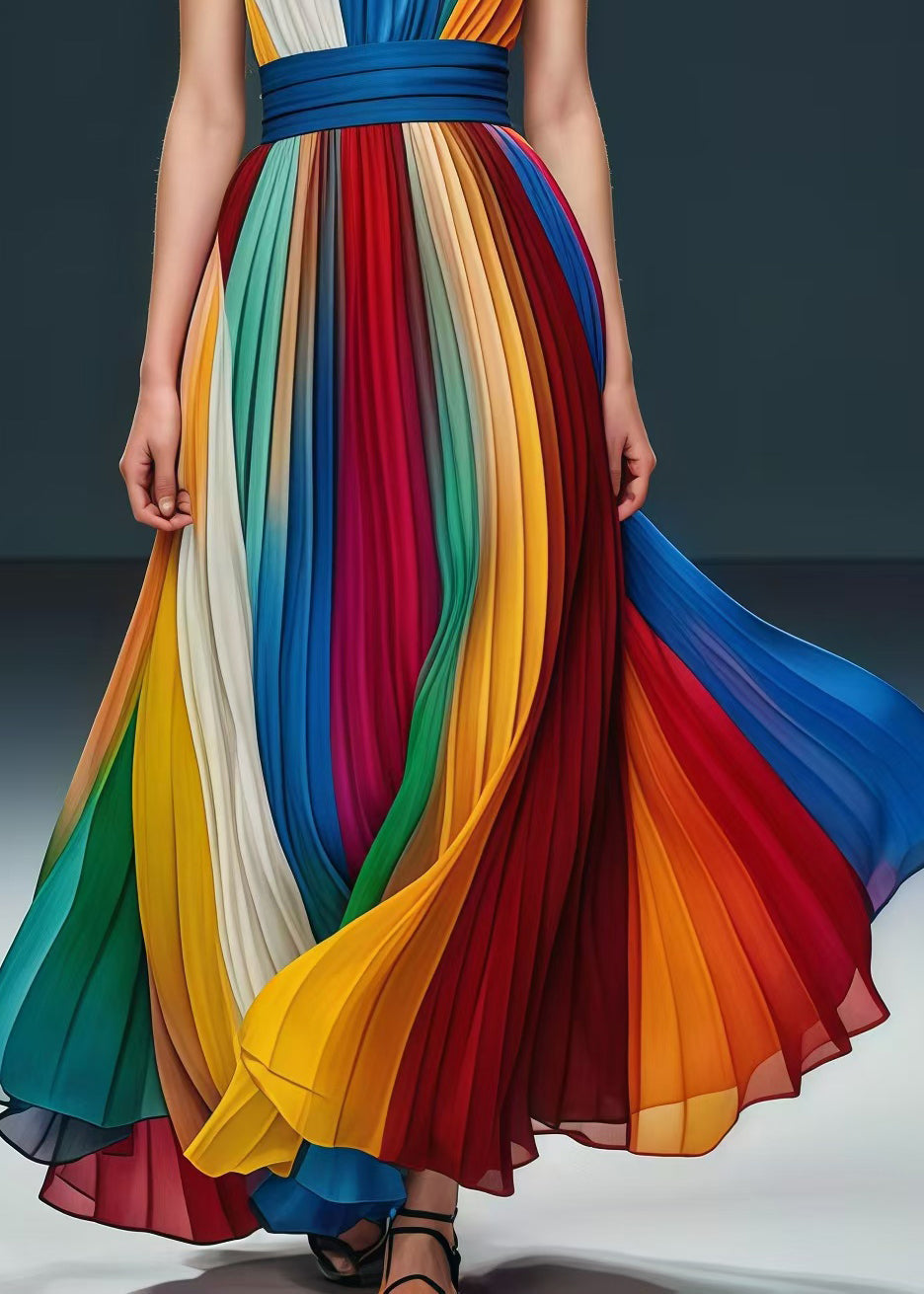 Chic Rainbow Cinched Exra Large Hem Chiffon Strapless Pleated Dress Summer