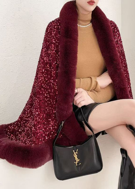 Chic Red Fur Collar Sequins Warm Fleece Cape Coat Winter