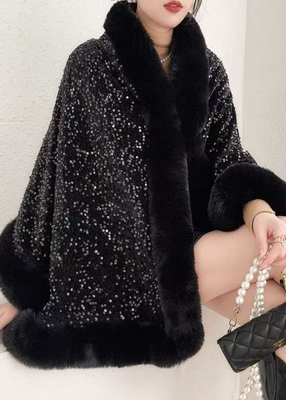 Chic Red Fur Collar Sequins Warm Fleece Cape Coat Winter