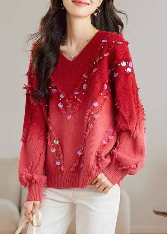 Chic Red Gradient V Neck Tassel Sequins Knit Sweater Tops Spring