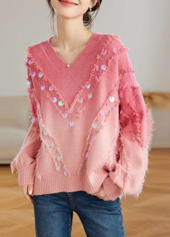 Chic Red Gradient V Neck Tassel Sequins Knit Sweater Tops Spring