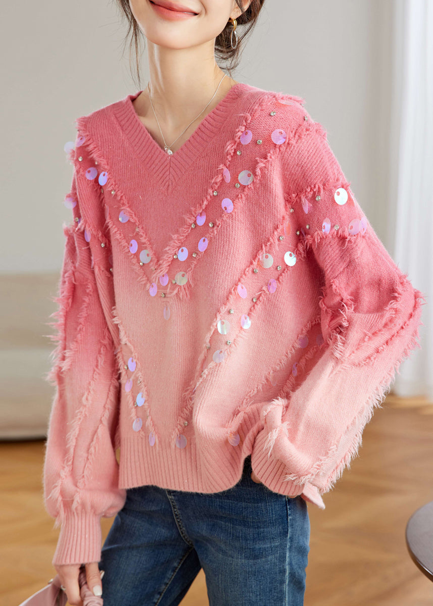 Chic Red Gradient V Neck Tassel Sequins Knit Sweater Tops Spring