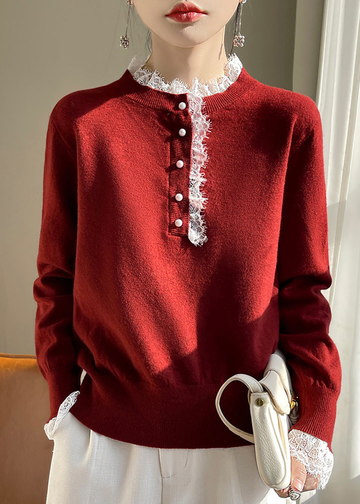 Chic Red Lace Patchwork Wool Knit Sweaters Fall