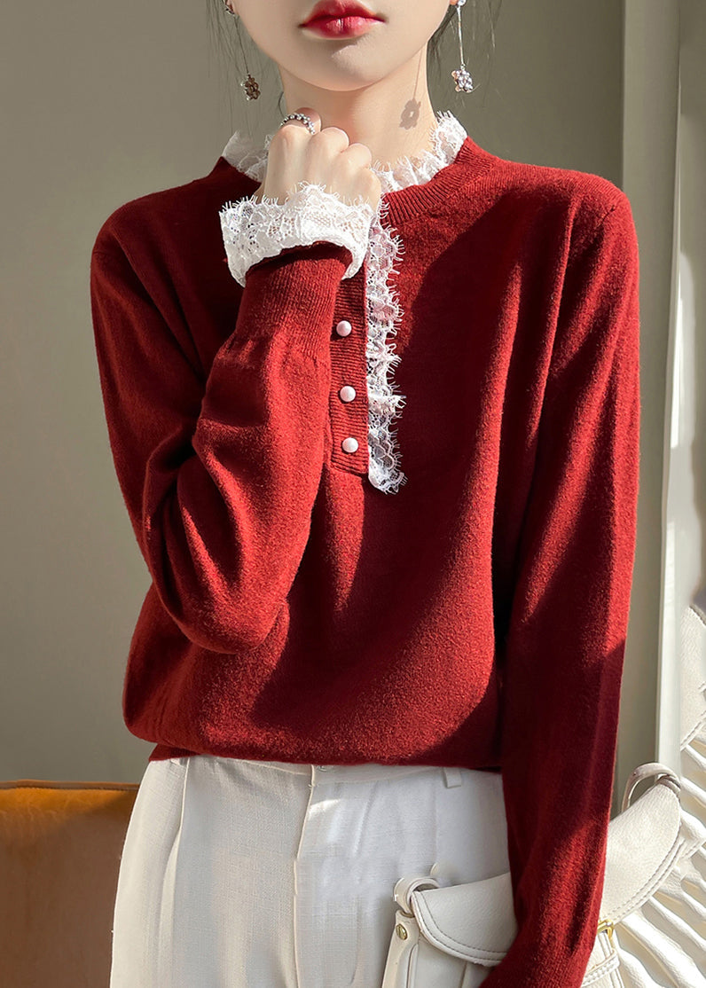 Chic Red Lace Patchwork Wool Knit Sweaters Fall