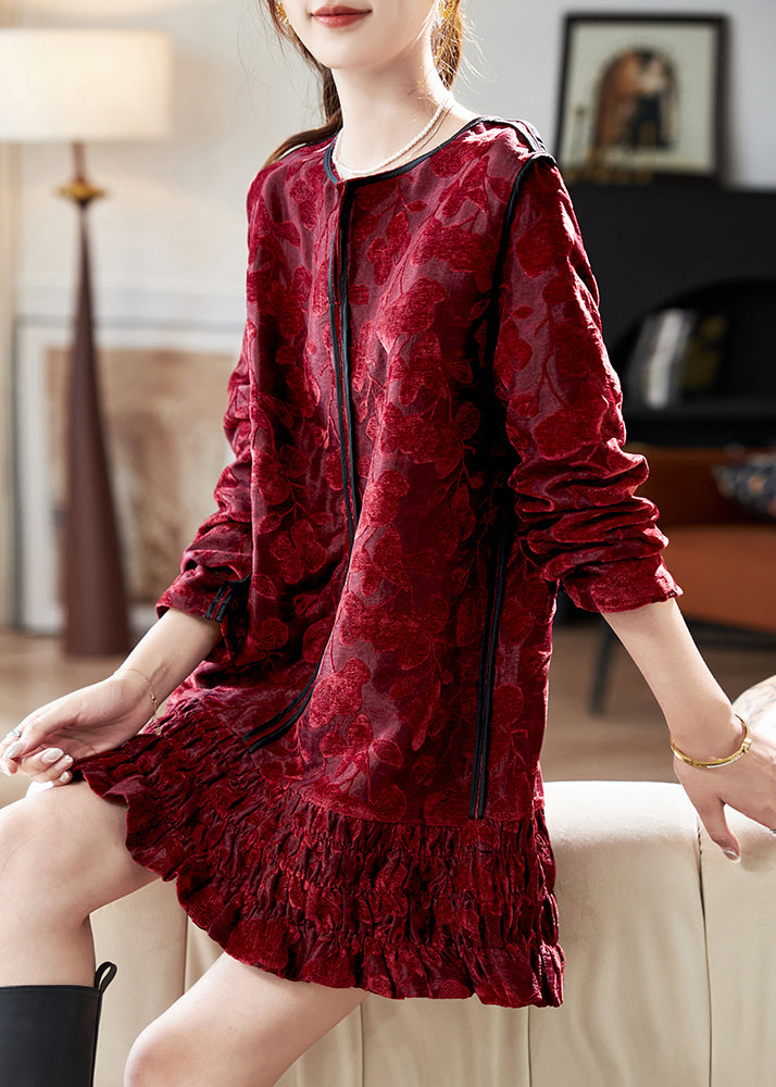 Chic Red O Neck Ruffled Patchwork Velvet Mid Dress Spring