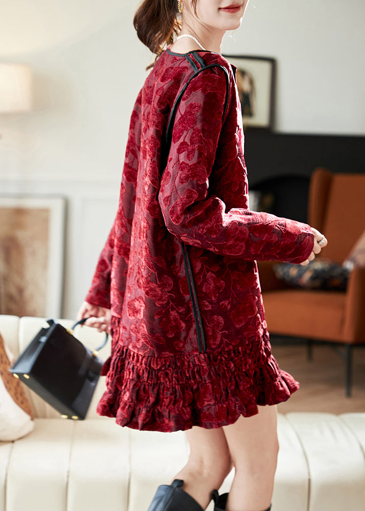 Chic Red O Neck Ruffled Patchwork Velvet Mid Dress Spring