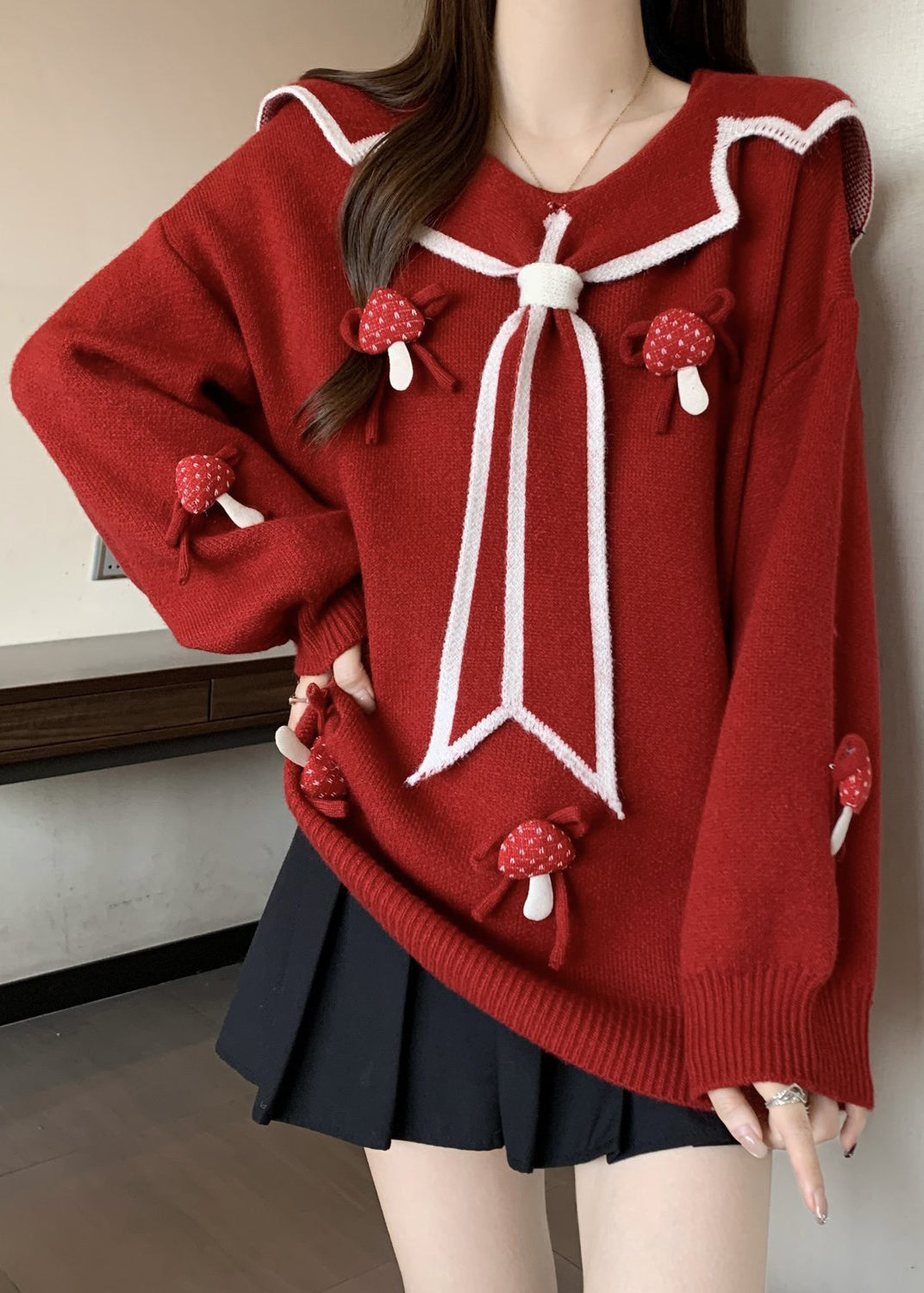 Chic Red Sailor Collar Thick Knit Sweaters Winter