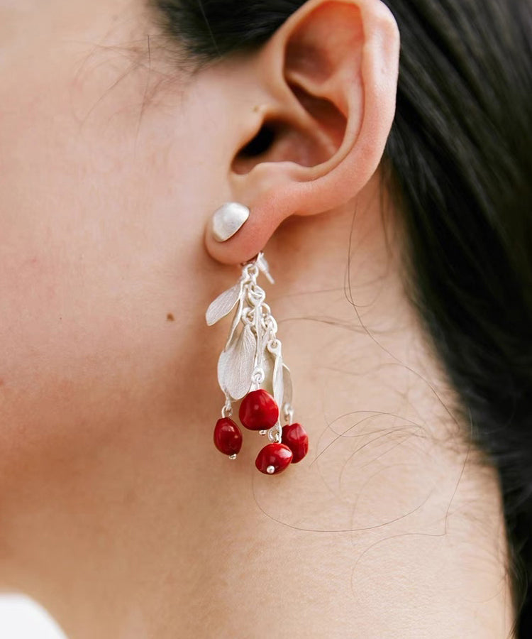 Chic Red Sterling Silver Alloy Leaves Drop Earrings