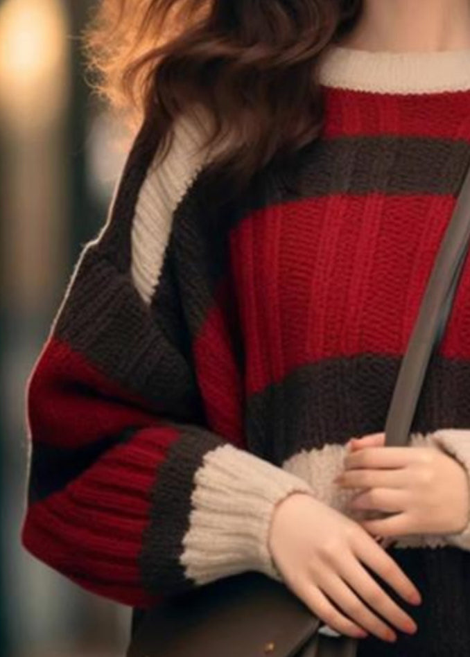 Chic Red Striped Cozy Patchwork Knit Sweater Winter