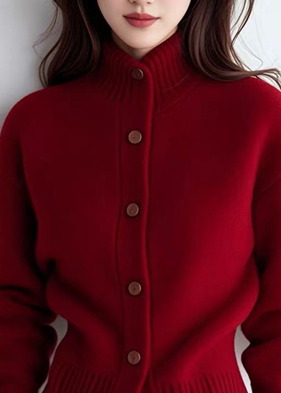 Chic Red Turtleneck Patchwork Solid Cotton Knit Cardigans Spring