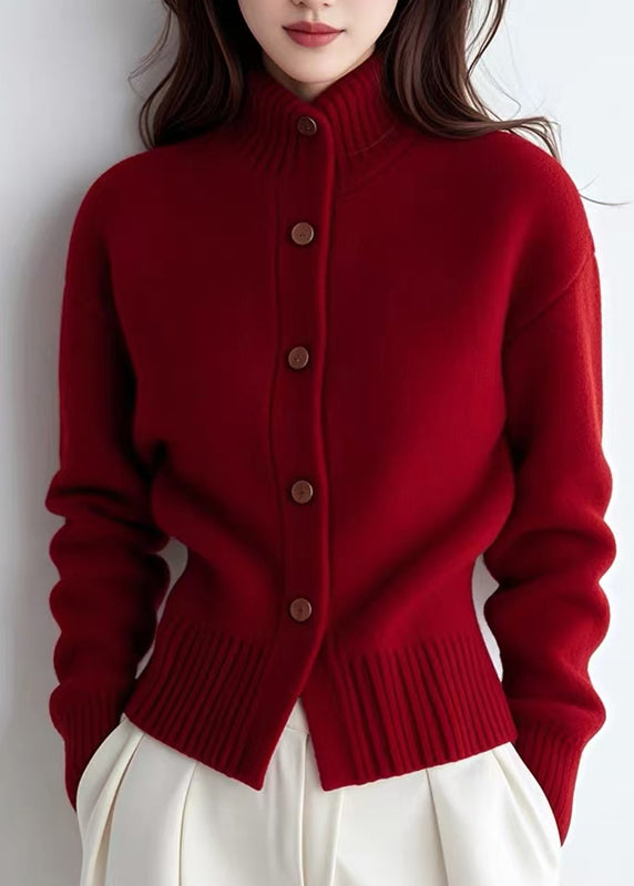 Chic Red Turtleneck Patchwork Solid Cotton Knit Cardigans Spring