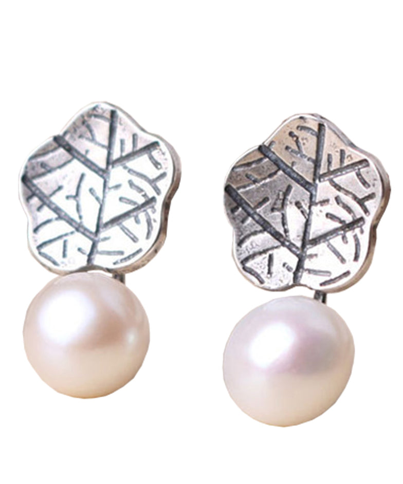 Chic Silk Sterling Silver Pearl Lotus Leaf Stud Earrings