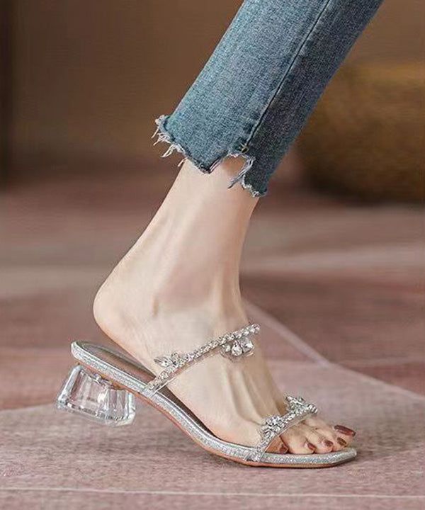 Chic Silver Zircon Peep Toe Chunky Heel Slide Sandals