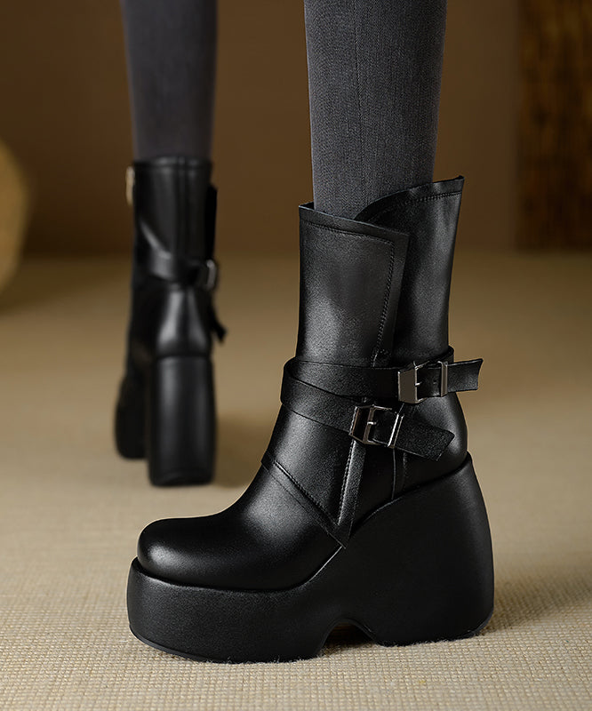 Chic Splicing Wedge Boots Black Cowhide Leather