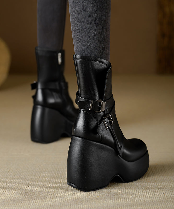 Chic Splicing Wedge Boots Black Cowhide Leather