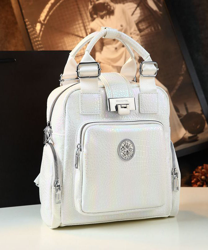 Chic White Embossed Pockets Calf Leather Tote Backpack Bag