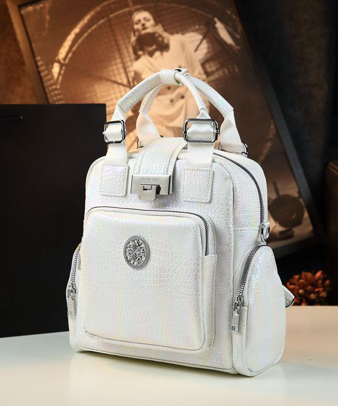 Chic White Embossed Pockets Calf Leather Tote Backpack Bag