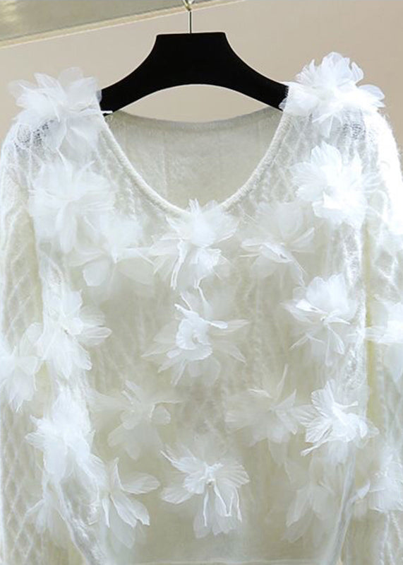 Chic White O-Neck Floral Cotton Knit Sweater Winter