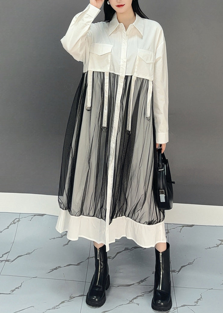 Chic White Peter Pan Collar Asymmetrical Patchwork Long Shirts Dress Spring