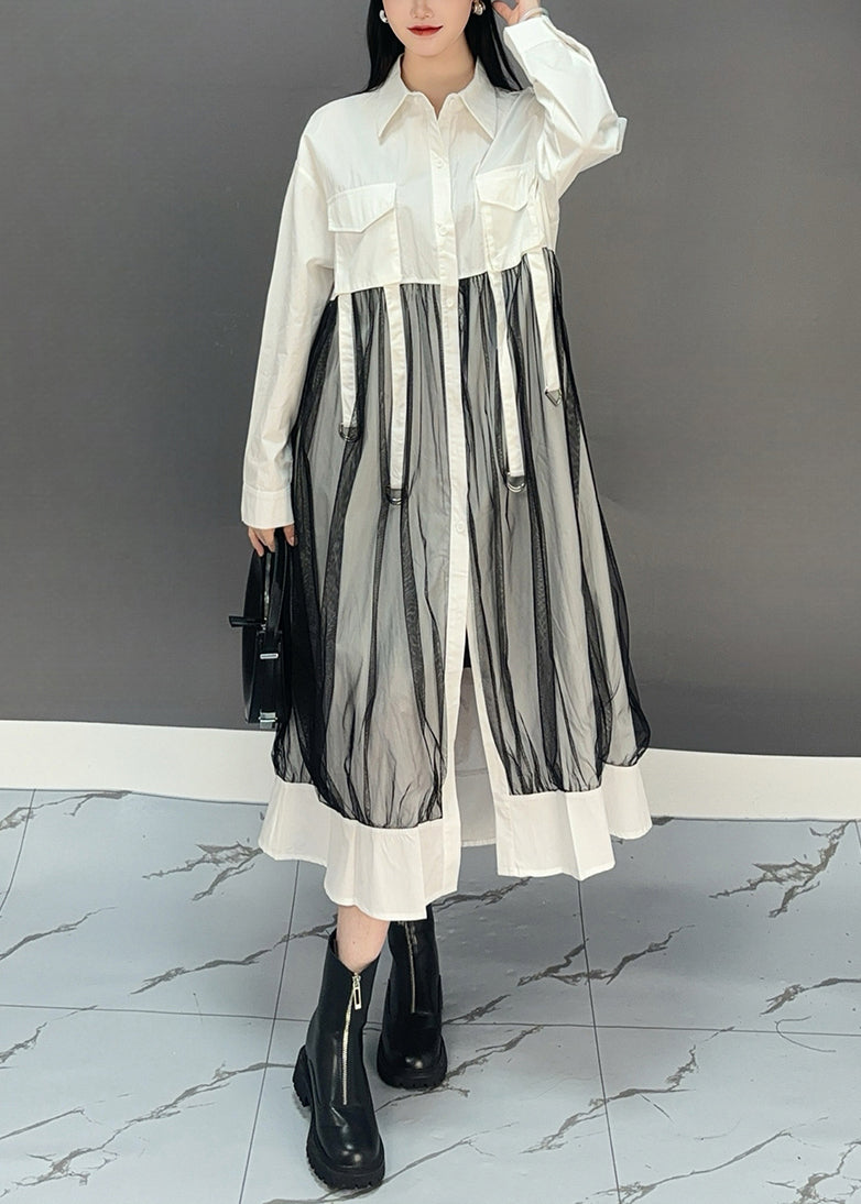 Chic White Peter Pan Collar Asymmetrical Patchwork Long Shirts Dress Spring