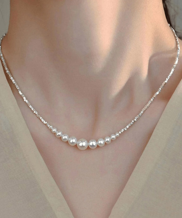 Chic White Sterling Silver Pearl Broken Silver Princess Necklace