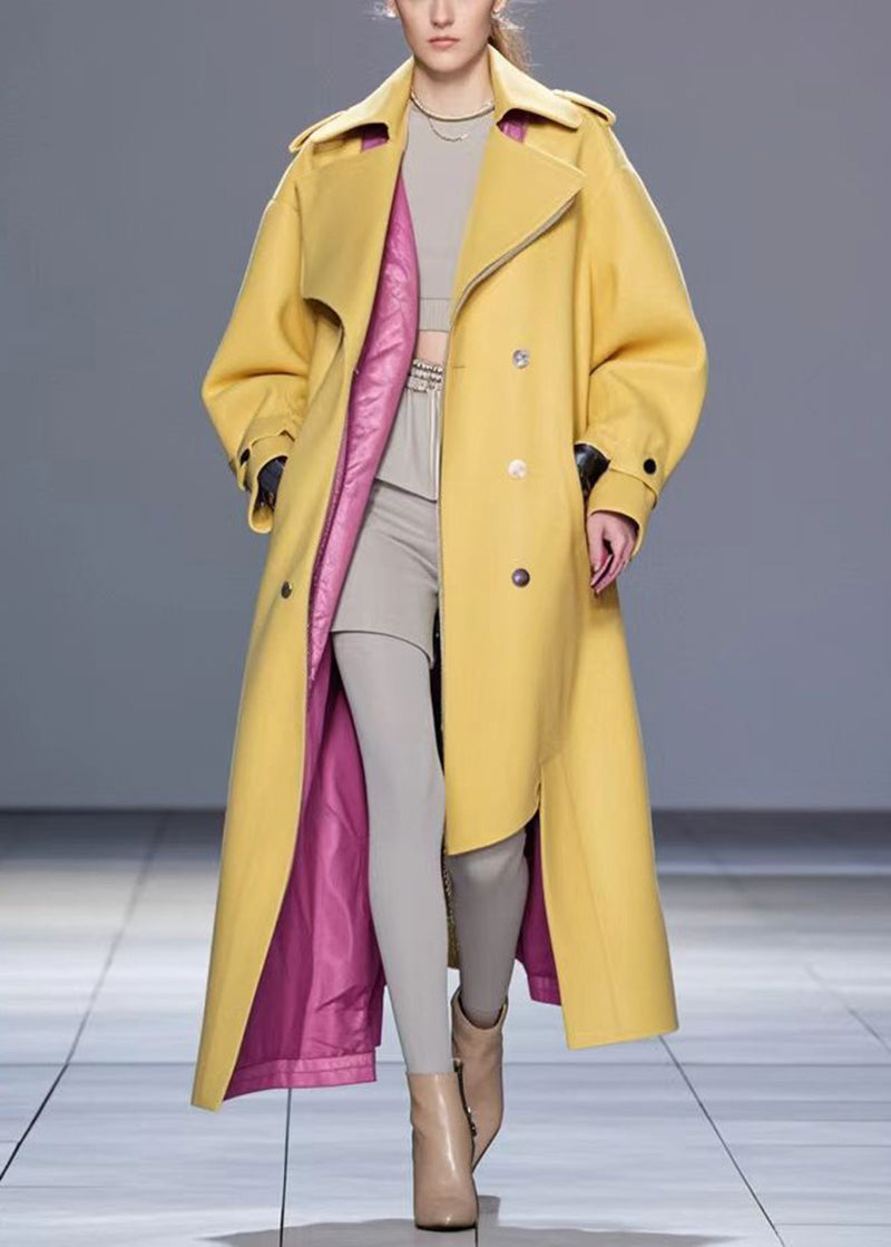 Chic Yellow Asymmetrical Design Faux Leather Trench Fall