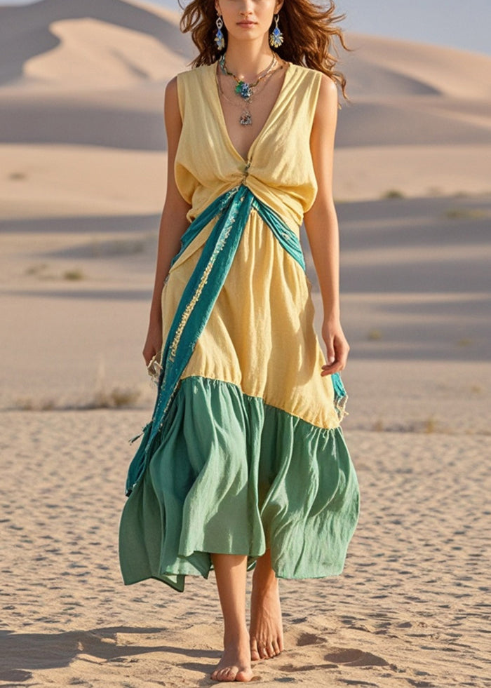 Chic Yellow Asymmetrical Patchwork Cotton Long Dresses Sleeveless