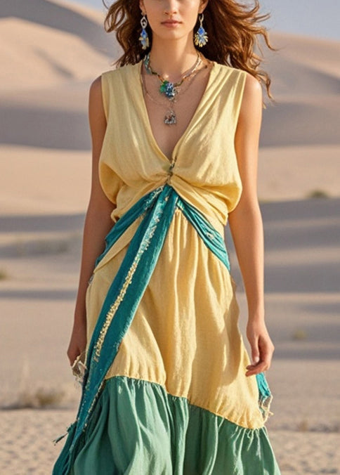 Chic Yellow Asymmetrical Patchwork Cotton Long Dresses Sleeveless