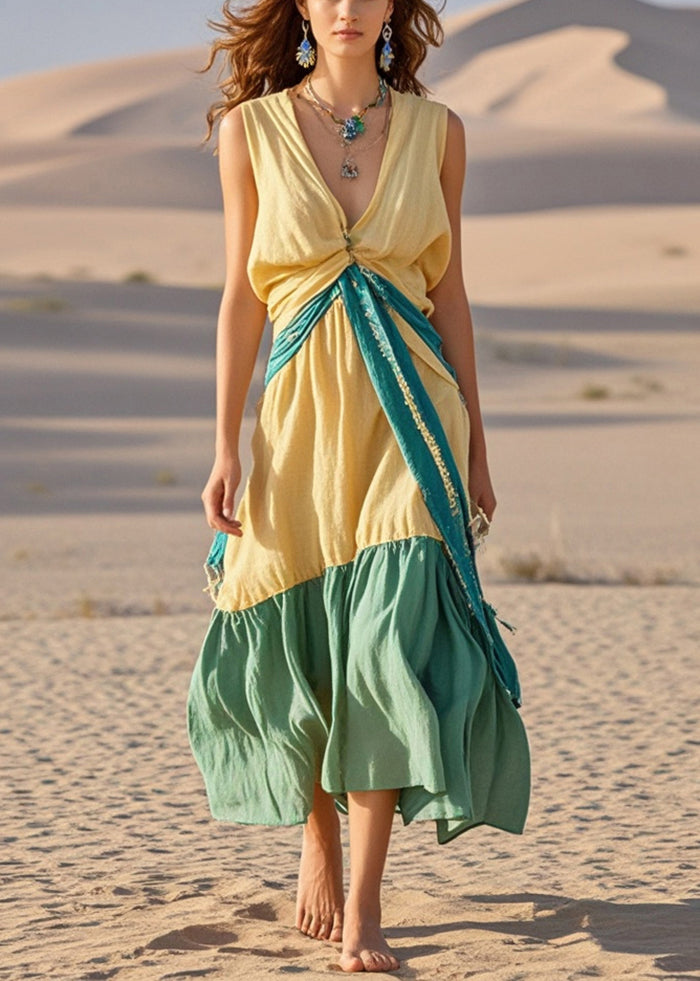 Chic Yellow Asymmetrical Patchwork Cotton Long Dresses Sleeveless