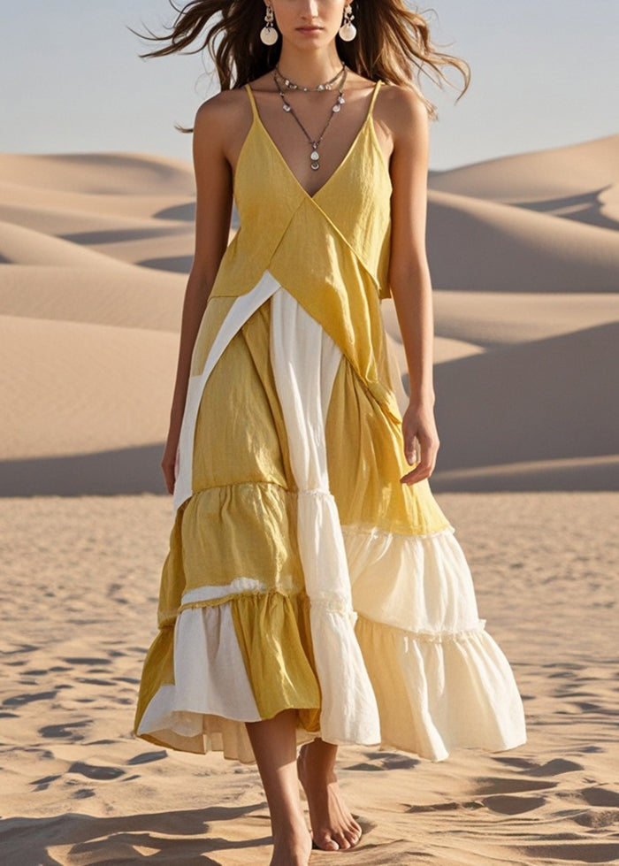 Chic Yellow Asymmetrical Patchwork Cotton Spaghetti Strap Dress Summer