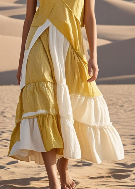 Chic Yellow Asymmetrical Patchwork Cotton Spaghetti Strap Dress Summer