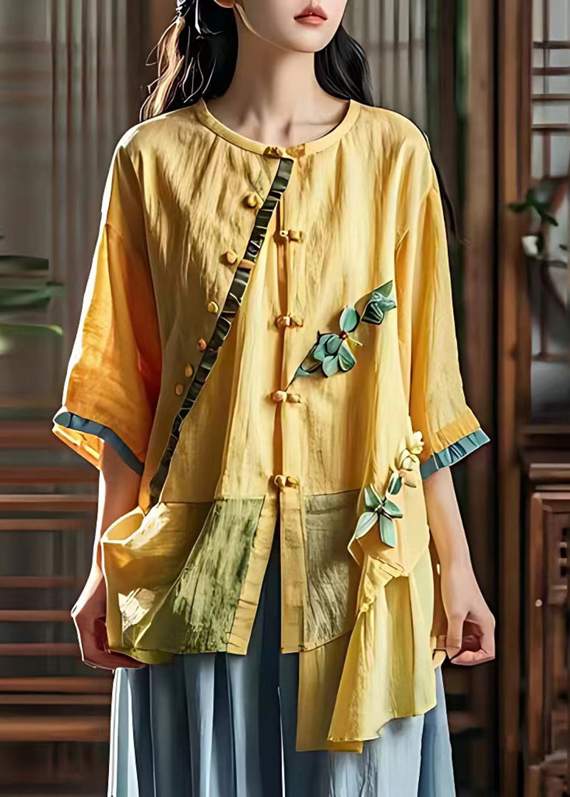 Chic Yellow Asymmetrical Patchwork Wrinkled Shirt Summer