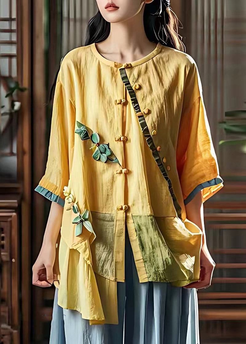 Chic Yellow Asymmetrical Patchwork Wrinkled Shirt Summer