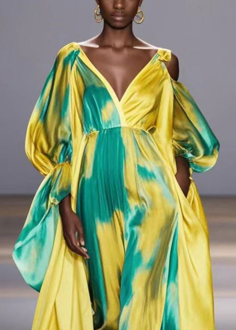 Chic Yellow Asymmetrical Tie Dye One Shoulder Party Dress Fall