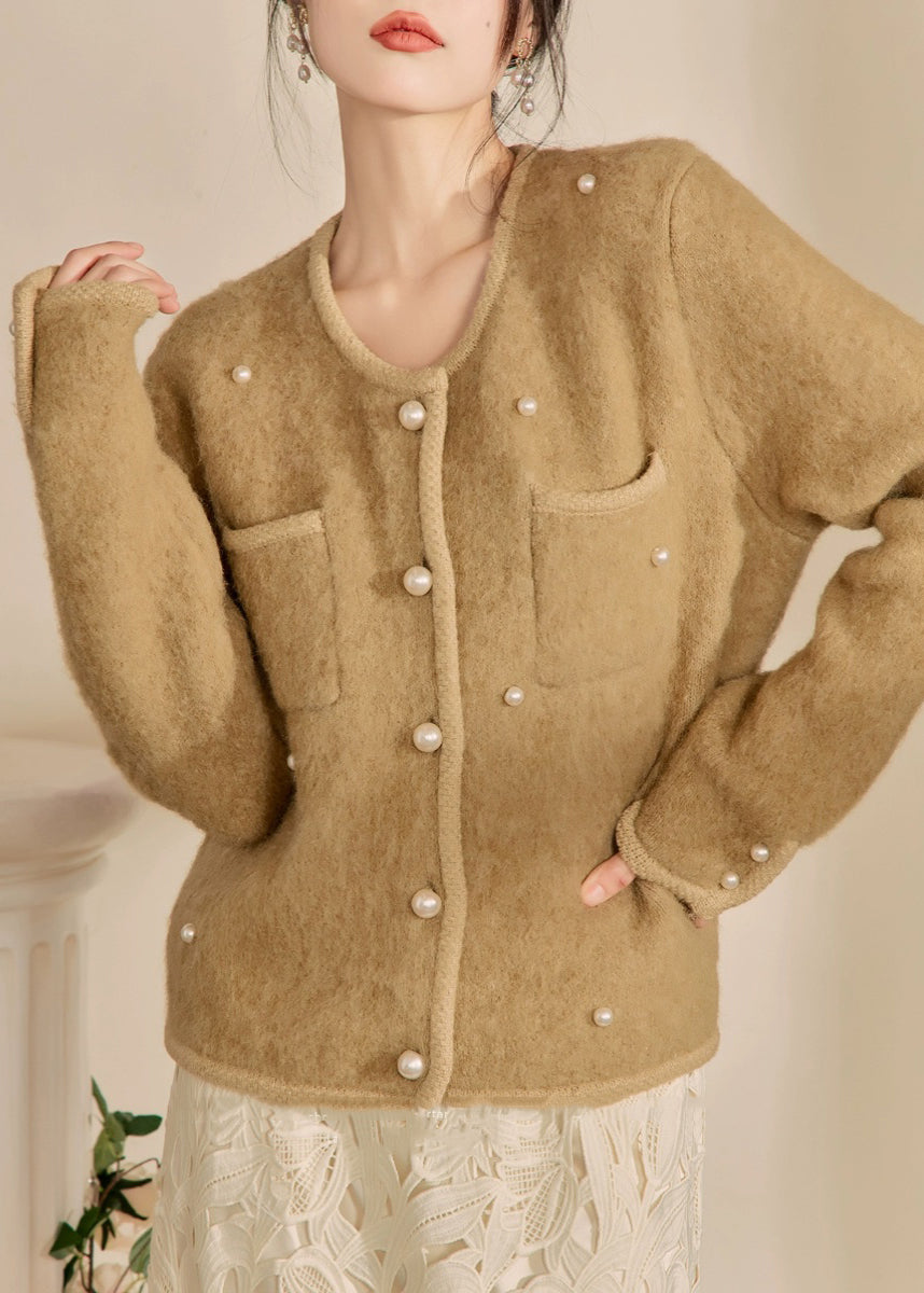 Chic Yellow O Neck Pockets Button Woolen Coat Fall