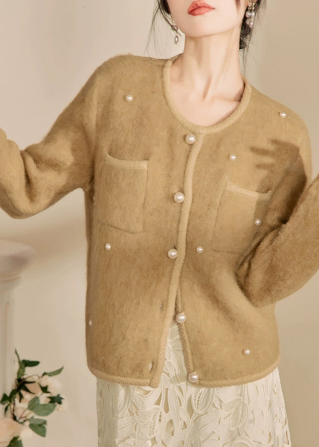 Chic Yellow O Neck Pockets Button Woolen Coat Fall