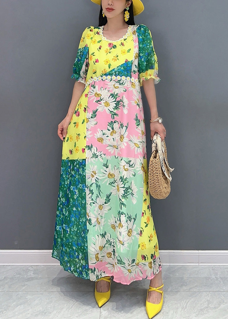 Chic Yellow O-Neck Print Patchwork Cotton Long Dress Summer