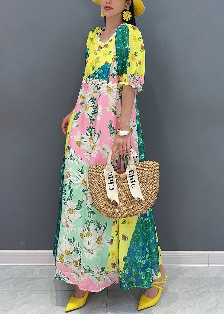 Chic Yellow O-Neck Print Patchwork Cotton Long Dress Summer