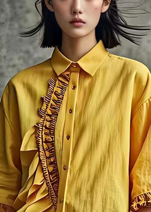 Chic Yellow Ruffled Button Linen Shirt Butterfly Sleeve