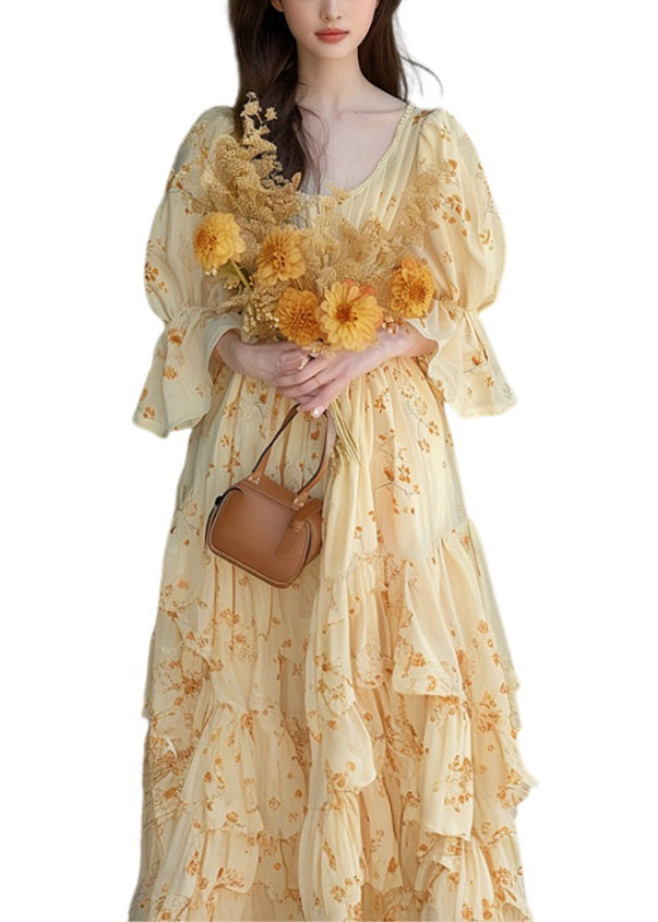 Chic Yellow Ruffled Print Chiffon Dress Flare Sleeve