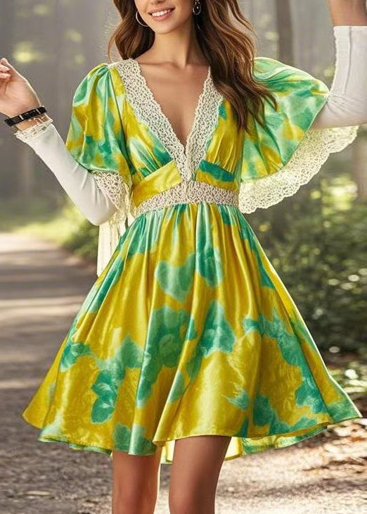 Chic Yellow V Neck Print Lace Patchwork Silk Mid Dress Cloak Sleeves