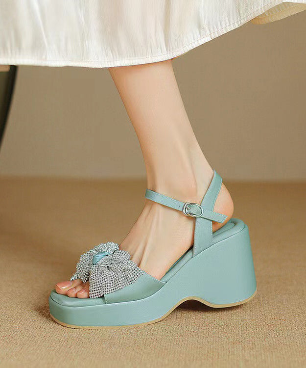 Chic Zircon Bow Splicing Wedge Sandals Blue Cowhide Leather
