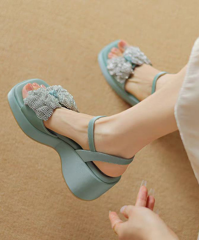 Chic Zircon Bow Splicing Wedge Sandals Blue Cowhide Leather