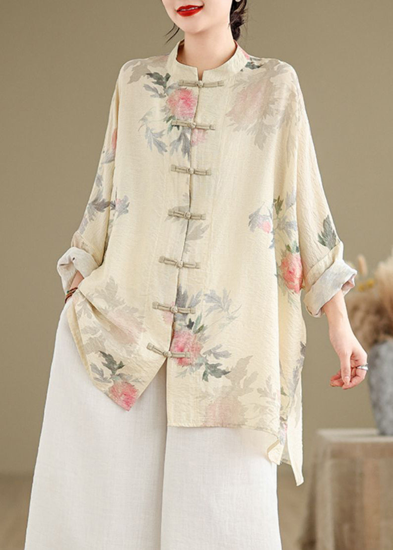 Chinese Style Apricot Stand Collar Print Button Shirts Fall