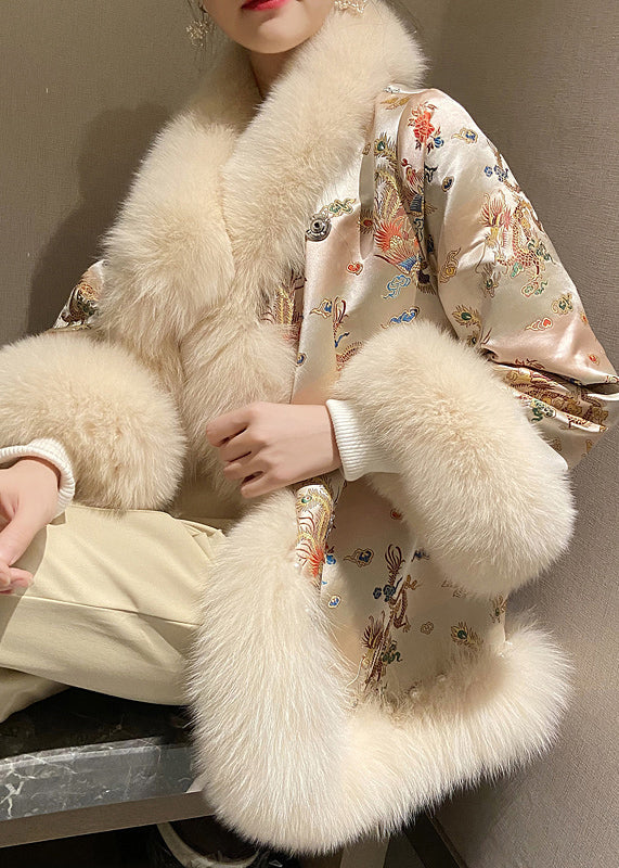 Chinese Style Beige Fox Collar Print Nail Bead Leather And Fur Coats Winter