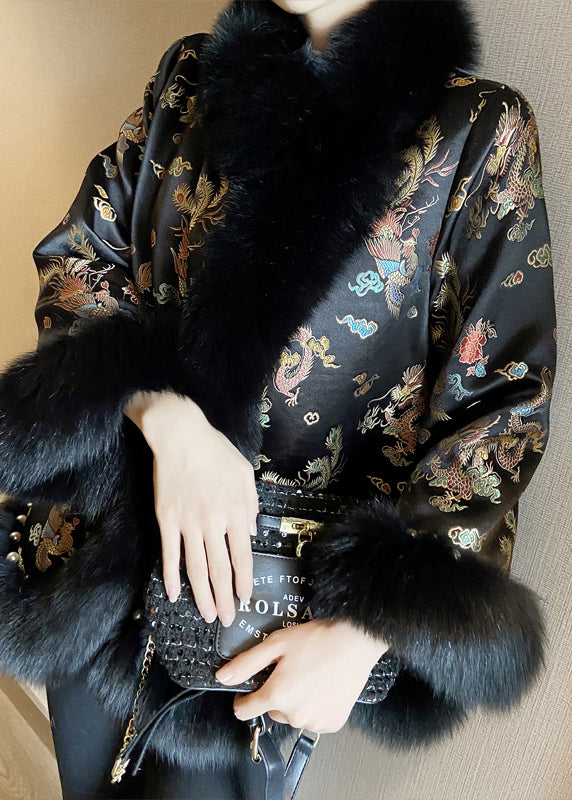 Chinese Style Beige Fox Collar Print Nail Bead Leather And Fur Coats Winter