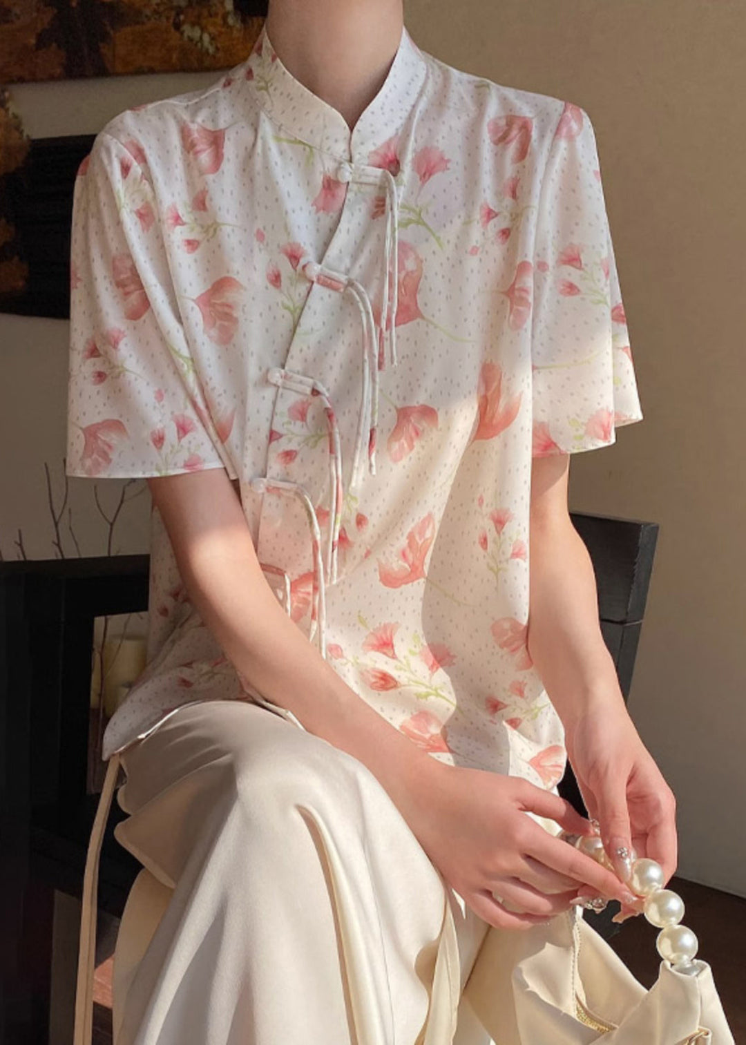 Chinese Style Beige Stand Collar Print Silk Shirt Summer